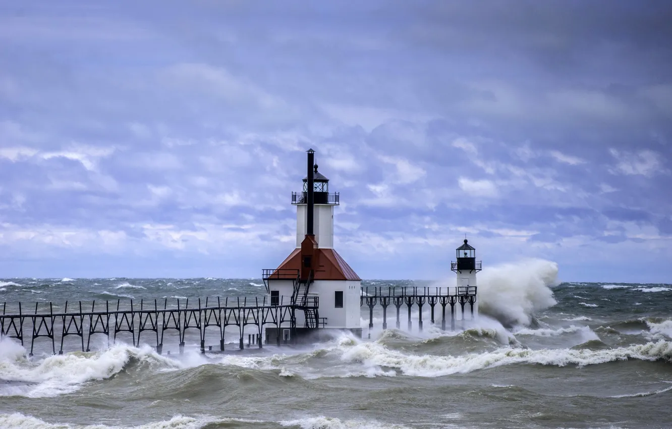 Photo wallpaper sea, wave, the sky, lighthouse, FL, waves, USA, sky