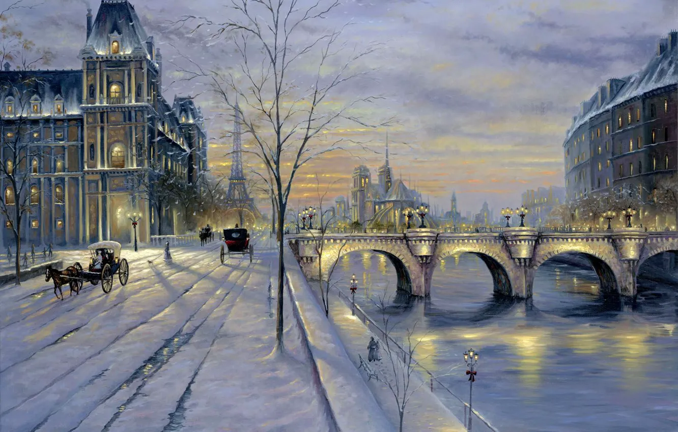 Photo wallpaper winter, snow, sunset, street, Paris, picture, Paris, Finale
