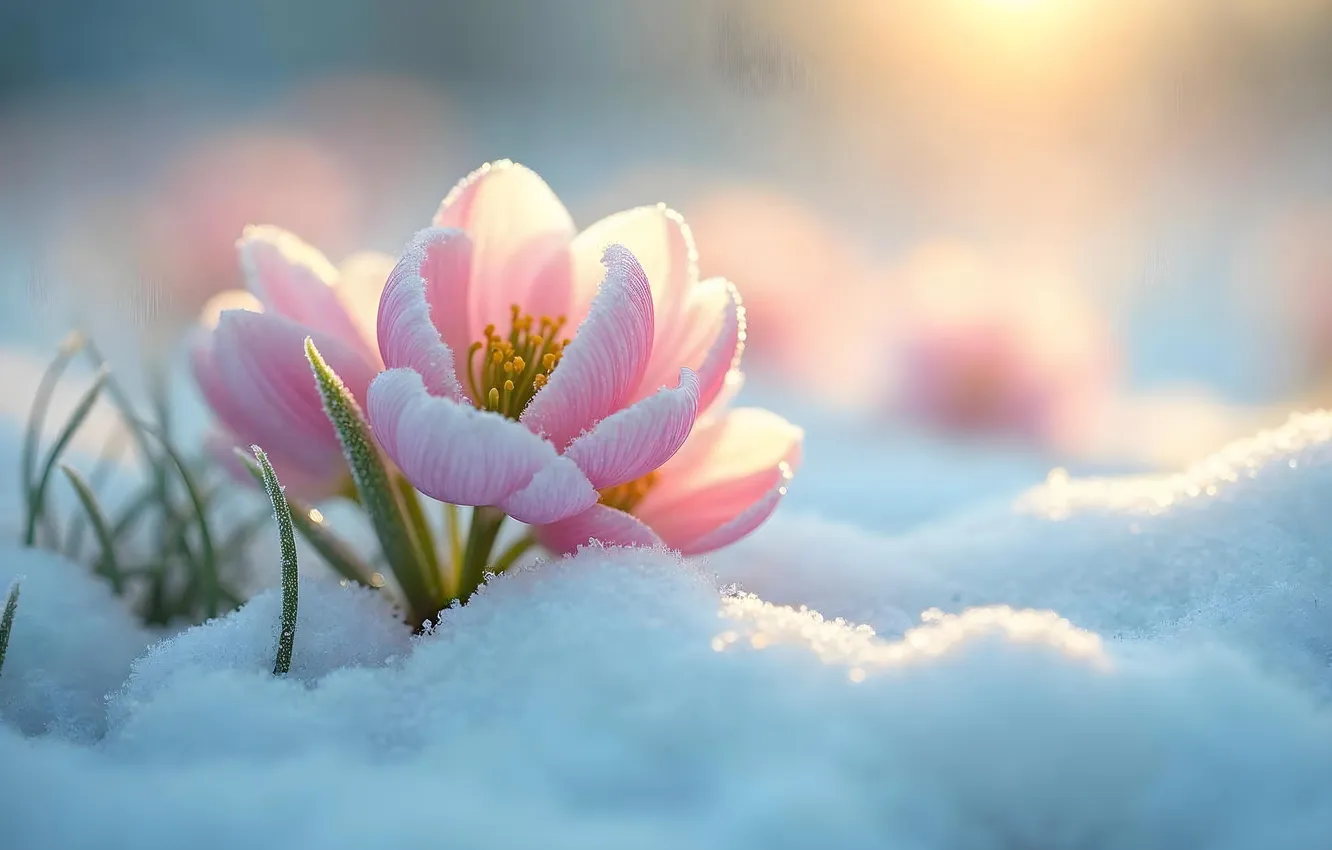 Photo wallpaper winter, snow, flowers, spring, flowers, winter, snow, spring