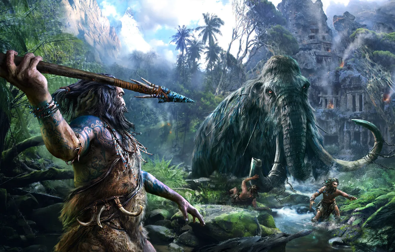 Photo wallpaper jungle, hunting, ruins, ancient people, mammoth, prehistoric, Ancient Times