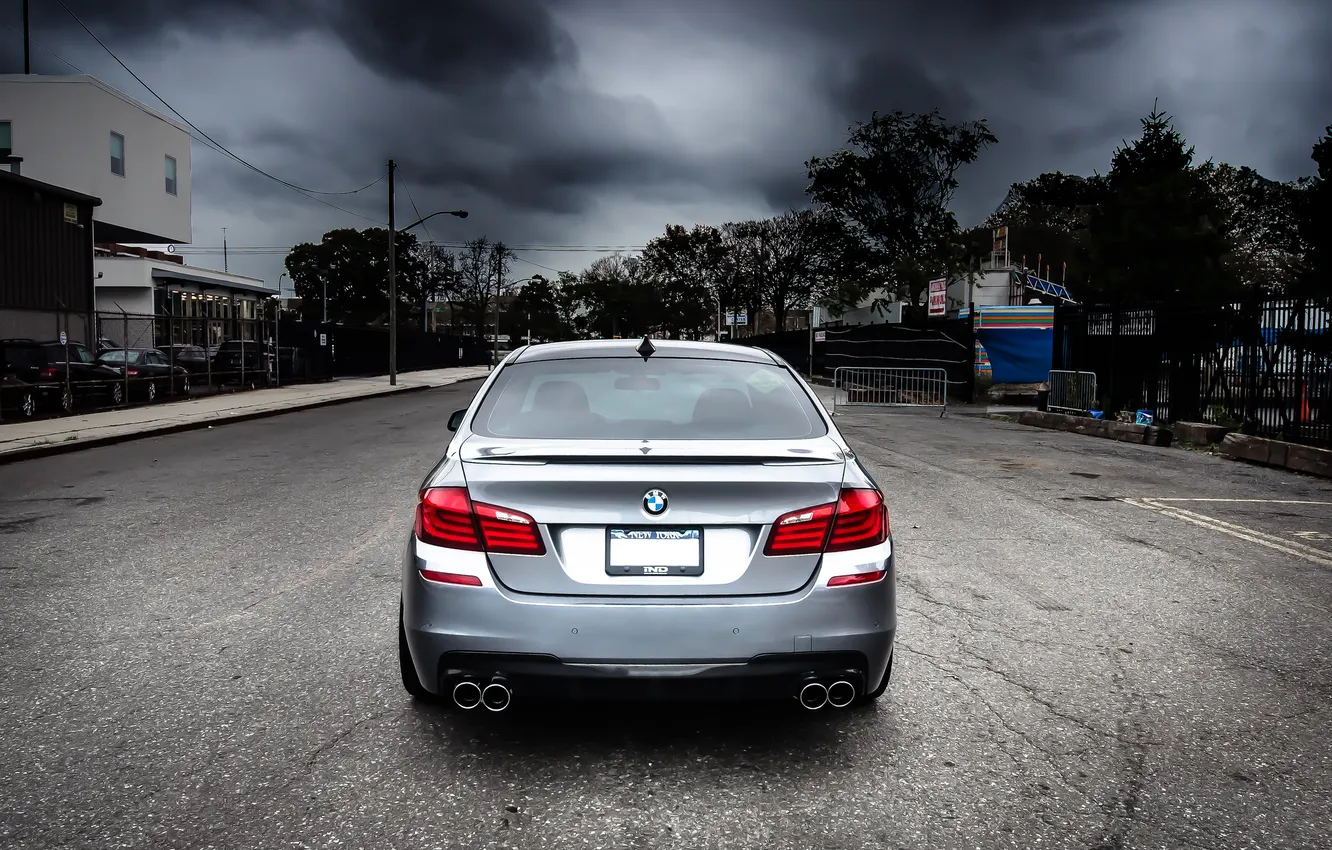 Photo wallpaper the sky, clouds, street, BMW, silver, BMW, back, F10