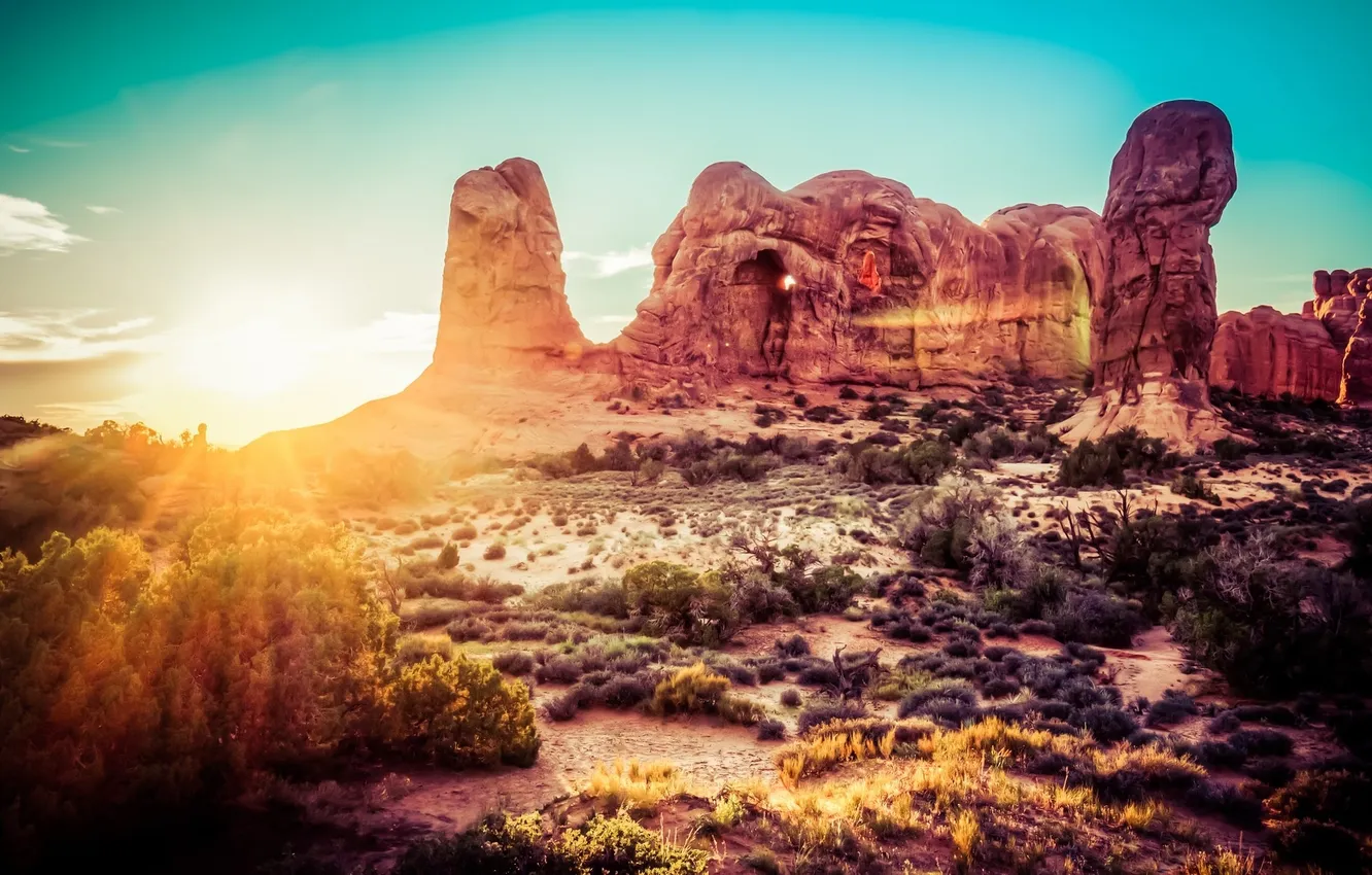 Photo wallpaper desert, mountains, rocks, Sunrise