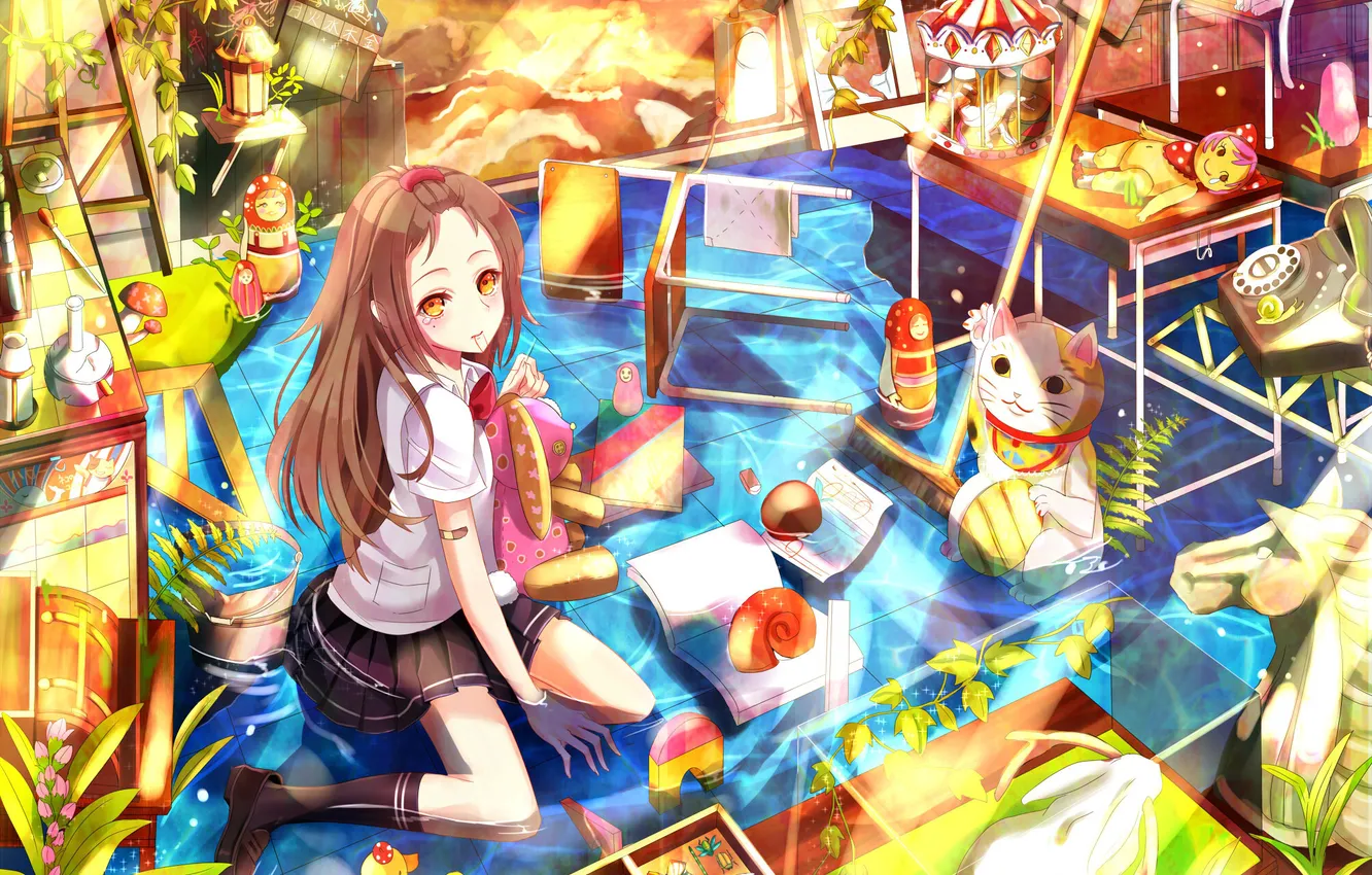 Photo wallpaper cat, water, girl, flowers, room, toy, tears, bucket