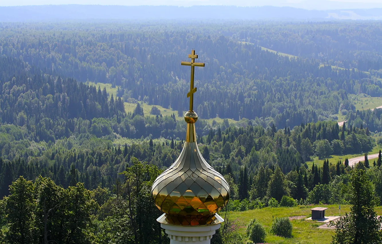 Photo wallpaper forest, cross, Church, the dome