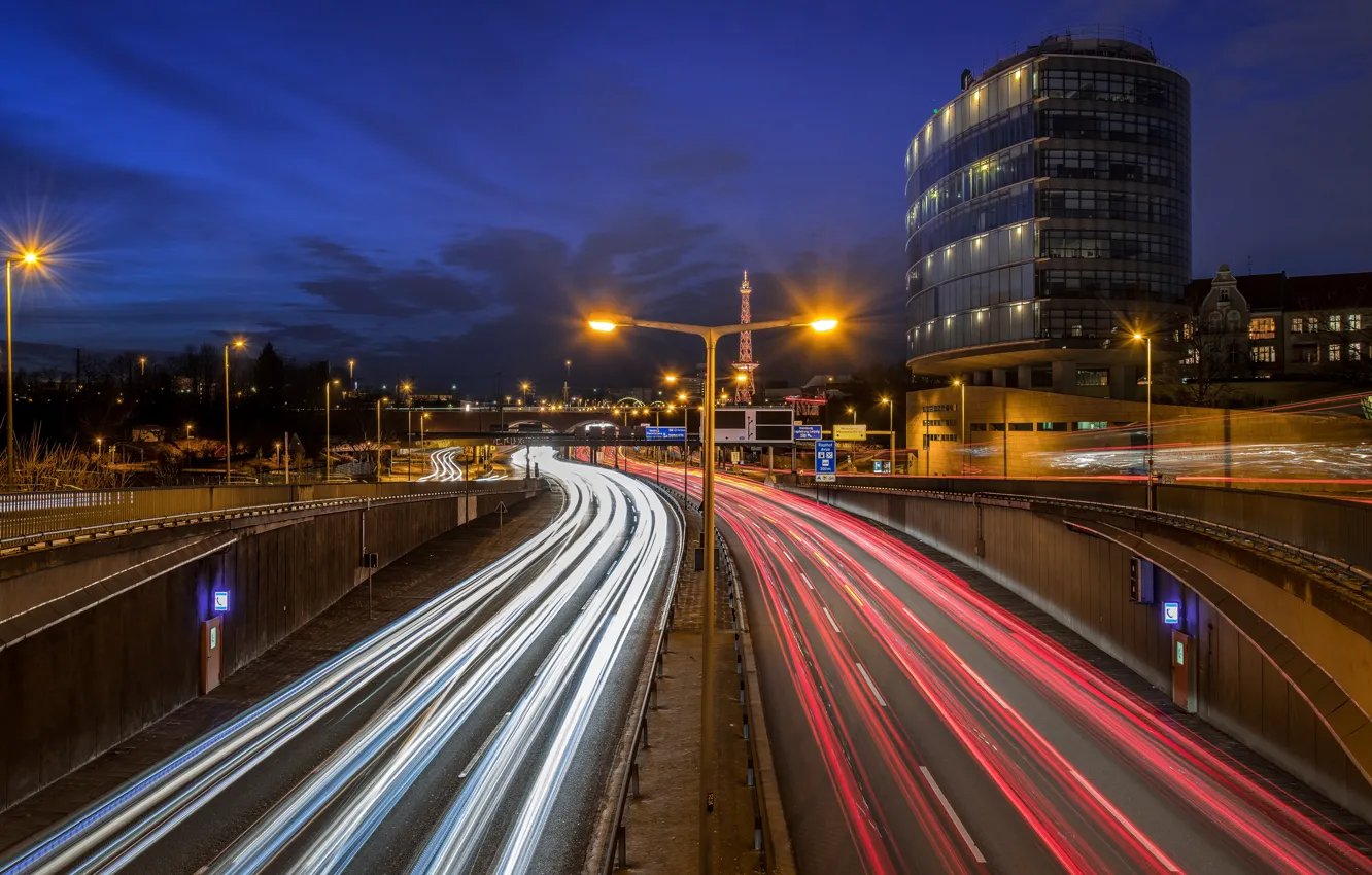 Photo wallpaper road, night, bridge, lights, movement, building, Germany, highway
