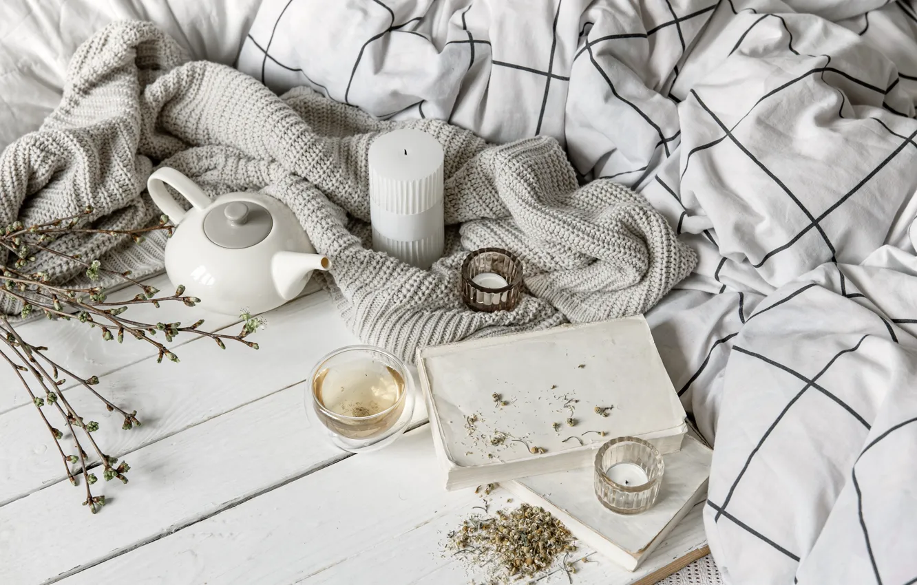 Photo wallpaper flowers, branches, comfort, heat, tea, Board, chamomile, bouquet