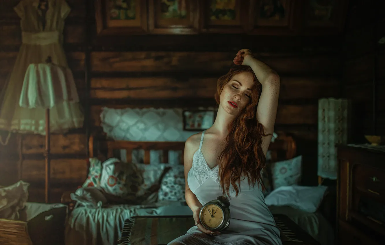 Photo wallpaper girl, pose, mood, alarm clock, freckles, red, redhead, combination