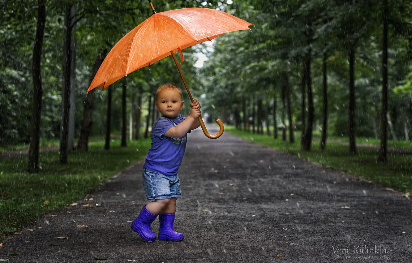 Photo wallpaper rain, umbrella, boy
