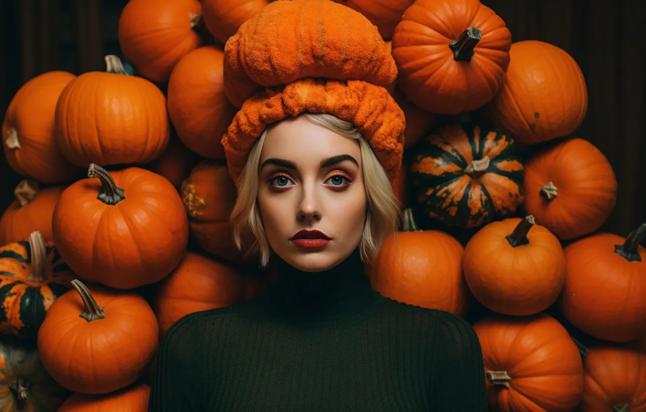 Photo wallpaper look, girl, face, pose, hat, hat, harvest, pumpkin