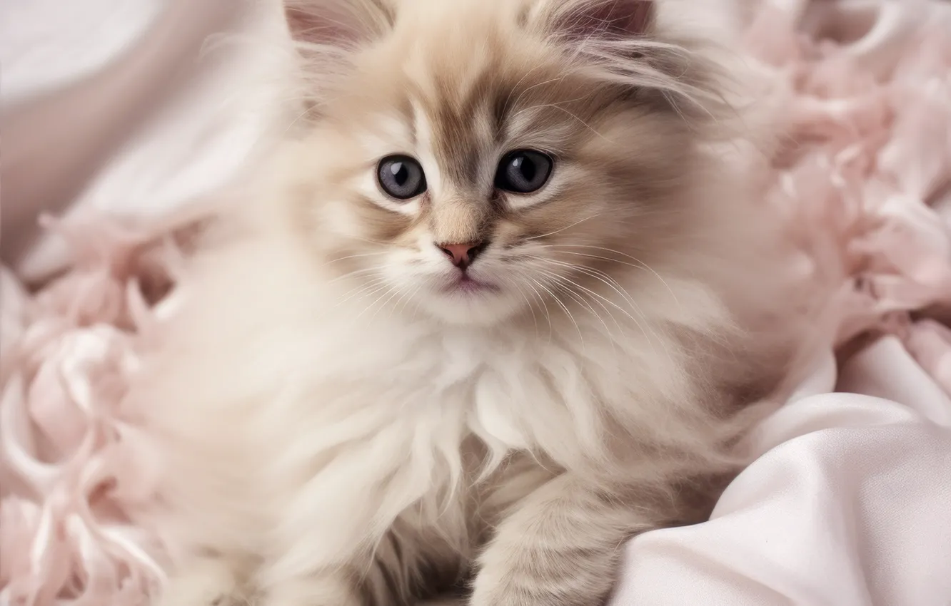 Photo wallpaper cat, look, portrait, baby, bed, lies, kitty, face