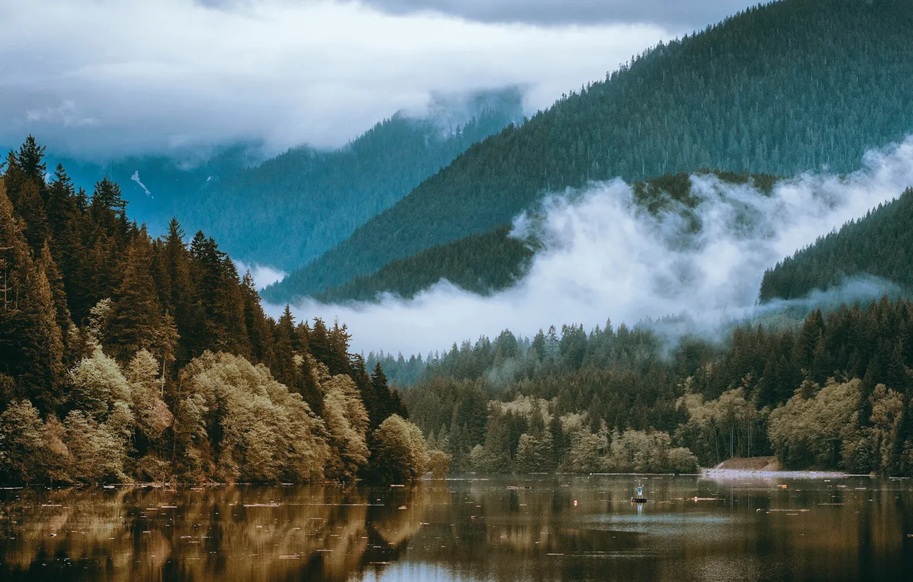Photo wallpaper autumn, clouds, mountain, lake