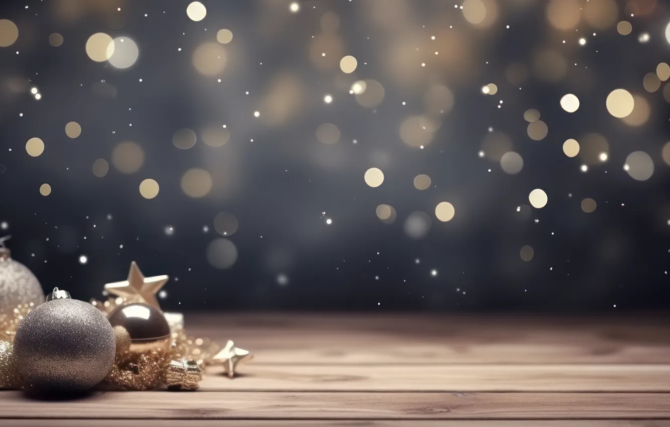 Photo wallpaper balls, AI art, blurred background, bokeh, Board, stars, Christmas decorations, Christmas