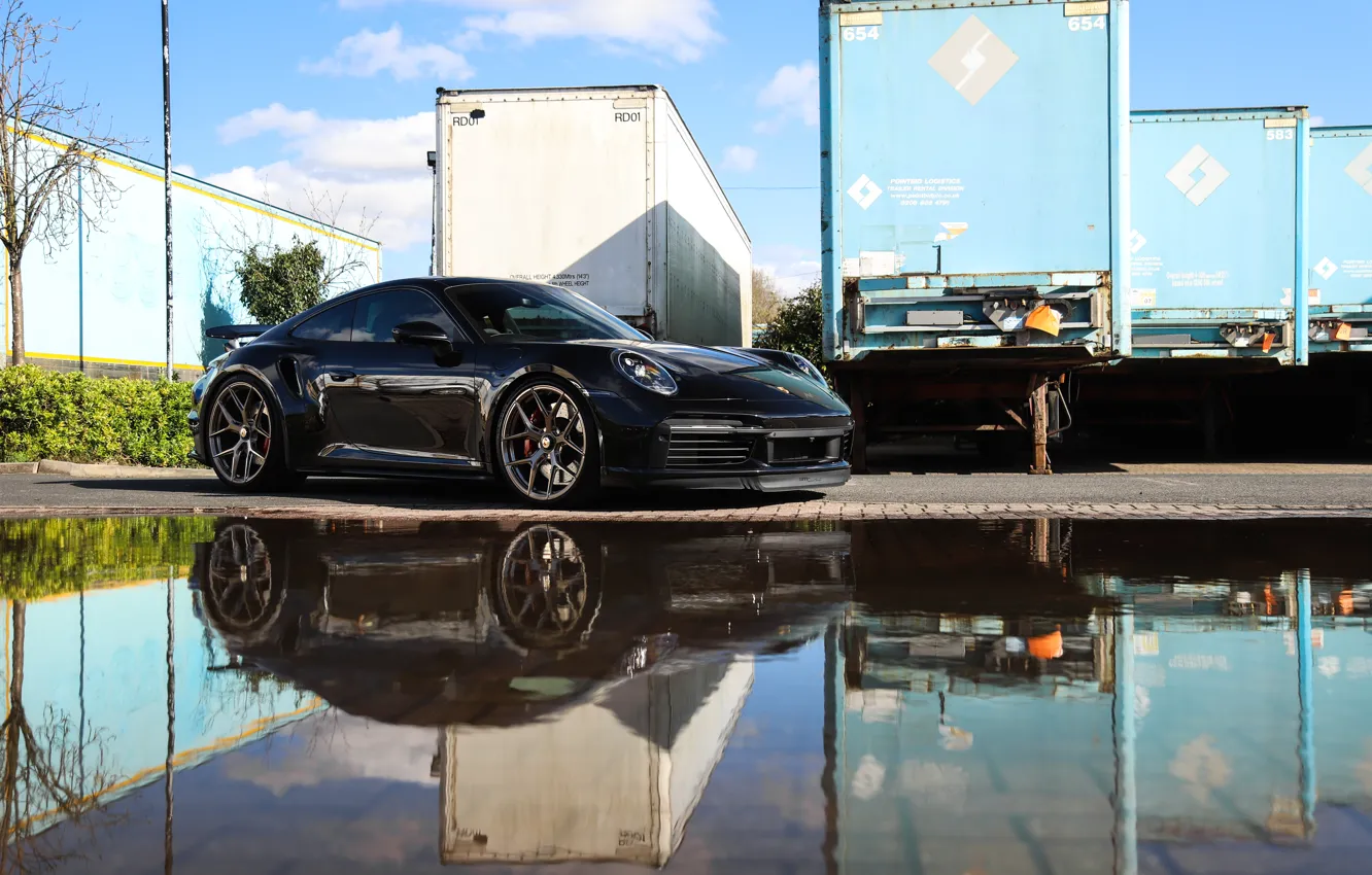 Photo wallpaper 911, Porsche, Black, Water, Turbo S, Reflection, VAG, 992