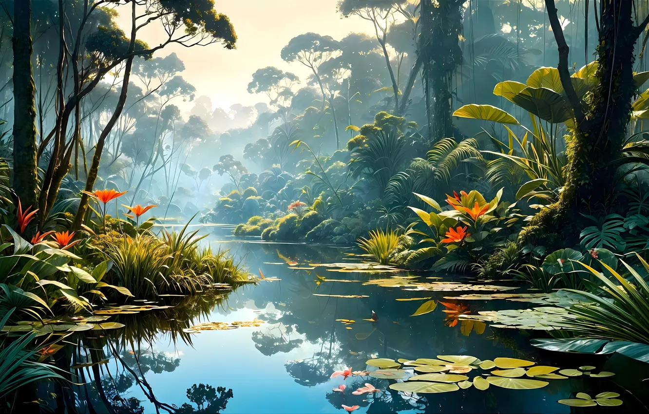 Photo wallpaper trees, flowers, river, digital art, AI art, The Art of Artificial Intelligence, neural network