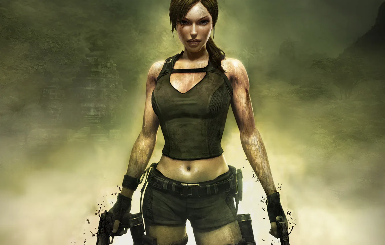 Photo wallpaper Tomb Raider, guns, girl, brown hair, jungle, sexy girl, ruins, legend