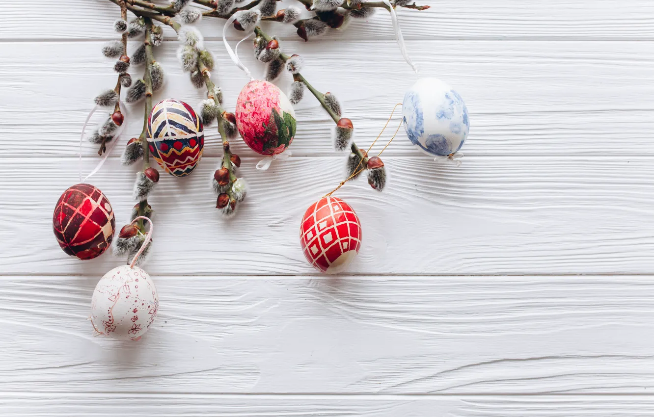 Photo wallpaper branches, eggs, spring, colorful, Easter, wood, Verba, spring