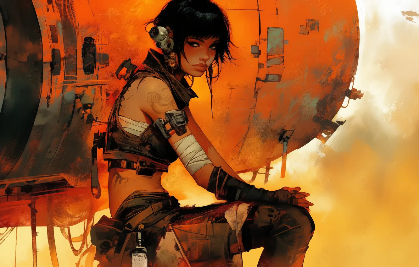 Photo wallpaper science fiction, women, brunette, Illustration, looking at viewer, bare midriff, AI Art