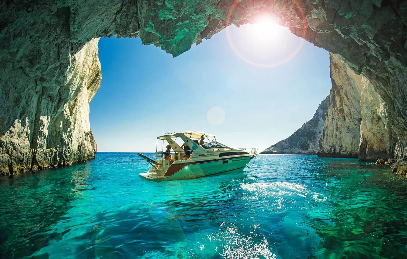 Photo wallpaper sea, rocks, shore, boat, Greece, cave, sea, rocks