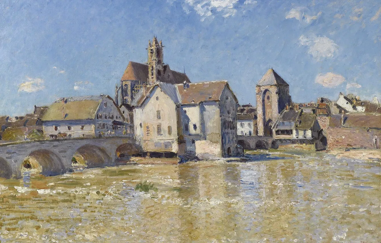 Photo wallpaper the city, river, home, picture, Alfred Sisley, Alfred Sisley, The bridge at Moret-sur-Luena. April Morning