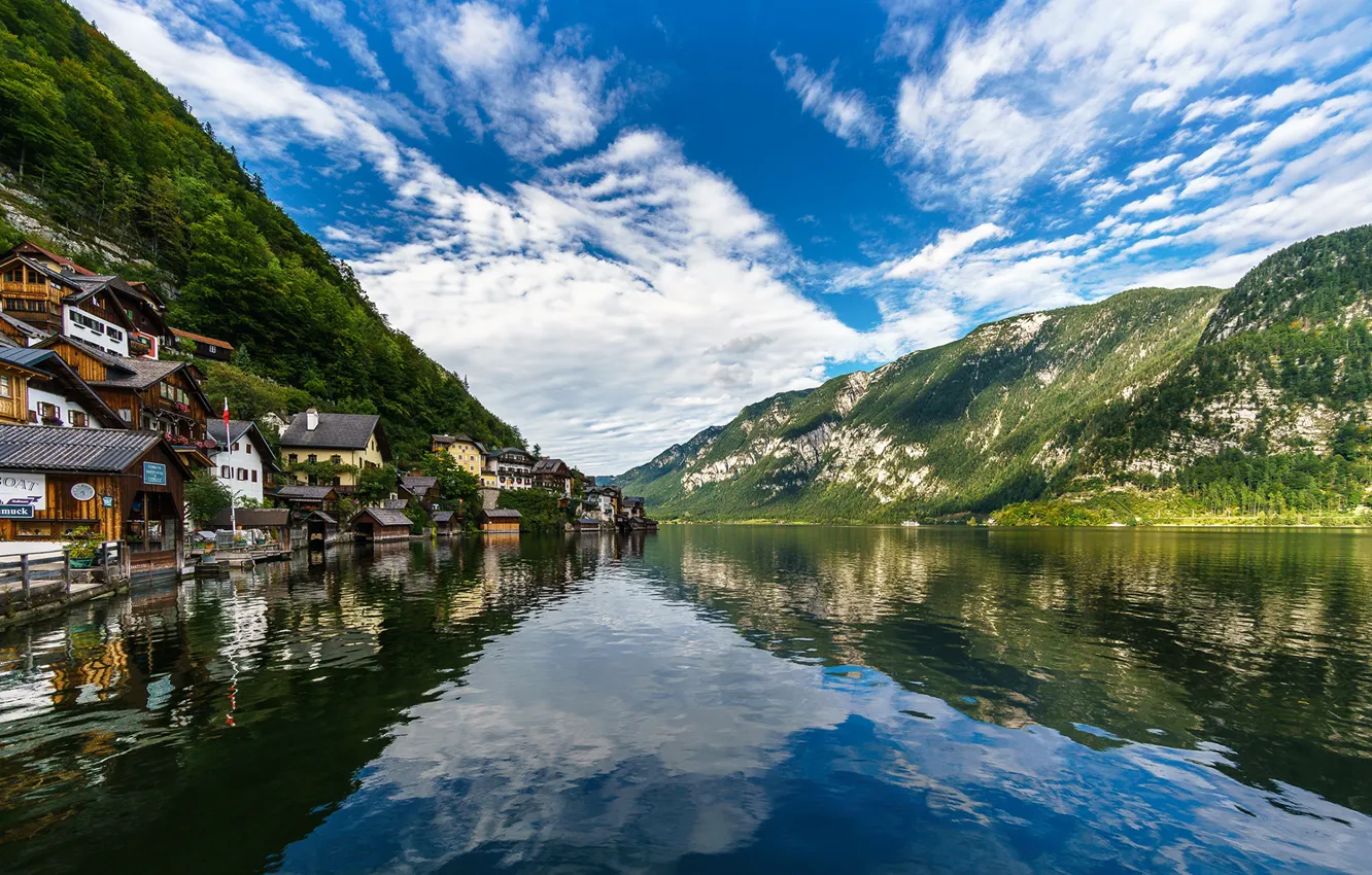 Photo wallpaper forest, the sky, mountains, lake, reflection, home, Austria, Hallstatt