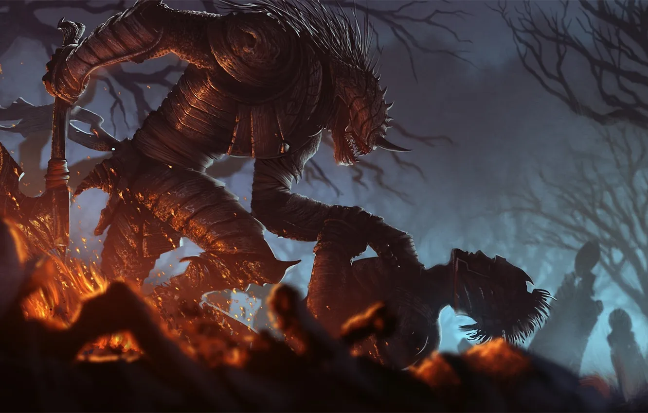 Photo wallpaper trees, lights, weapons, monster, warrior, art, corpses, axe