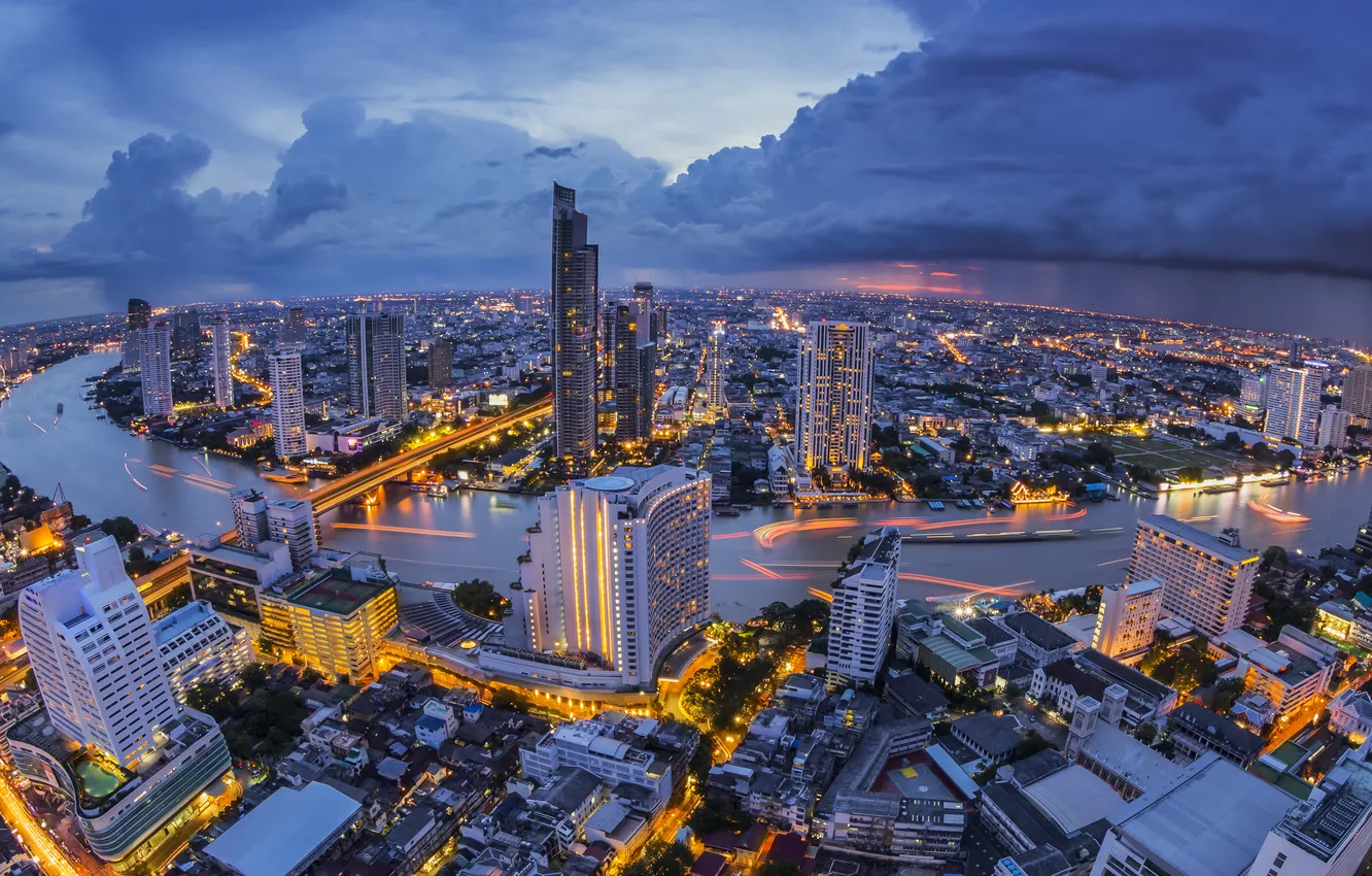 Photo wallpaper bridge, river, home, Thailand, Bangkok, lights., panorama