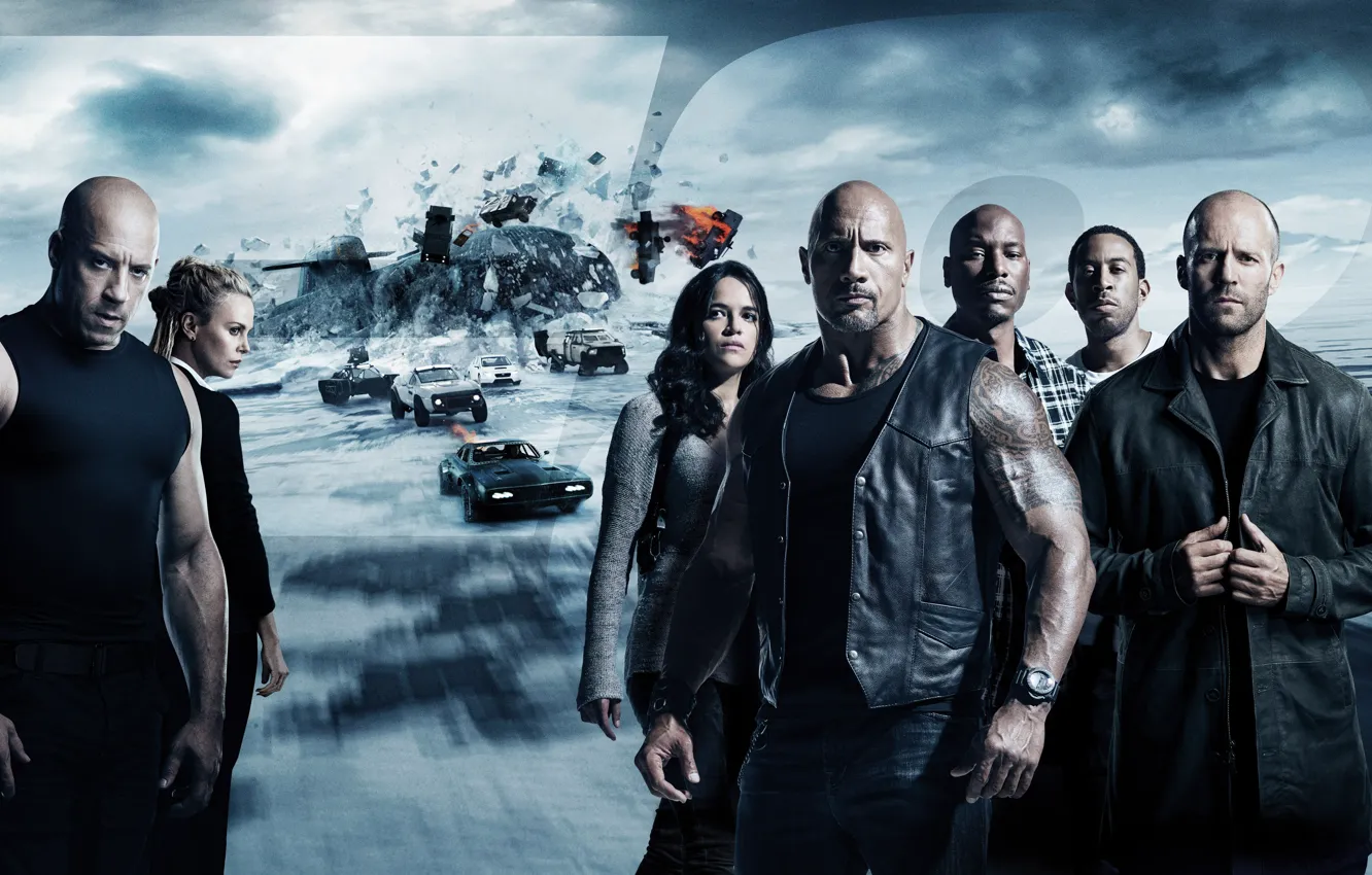 Photo wallpaper car, Charlize Theron, cinema, ice, movie, Vin Diesel, Jason Statham, Dwayne Johnson