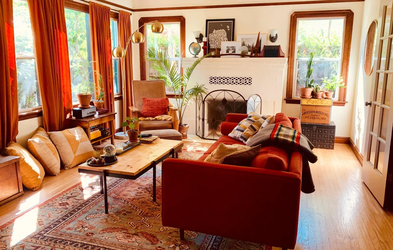 Photo wallpaper design, style, interior, fireplace, California, living room, Warm colors, CozyPlaces