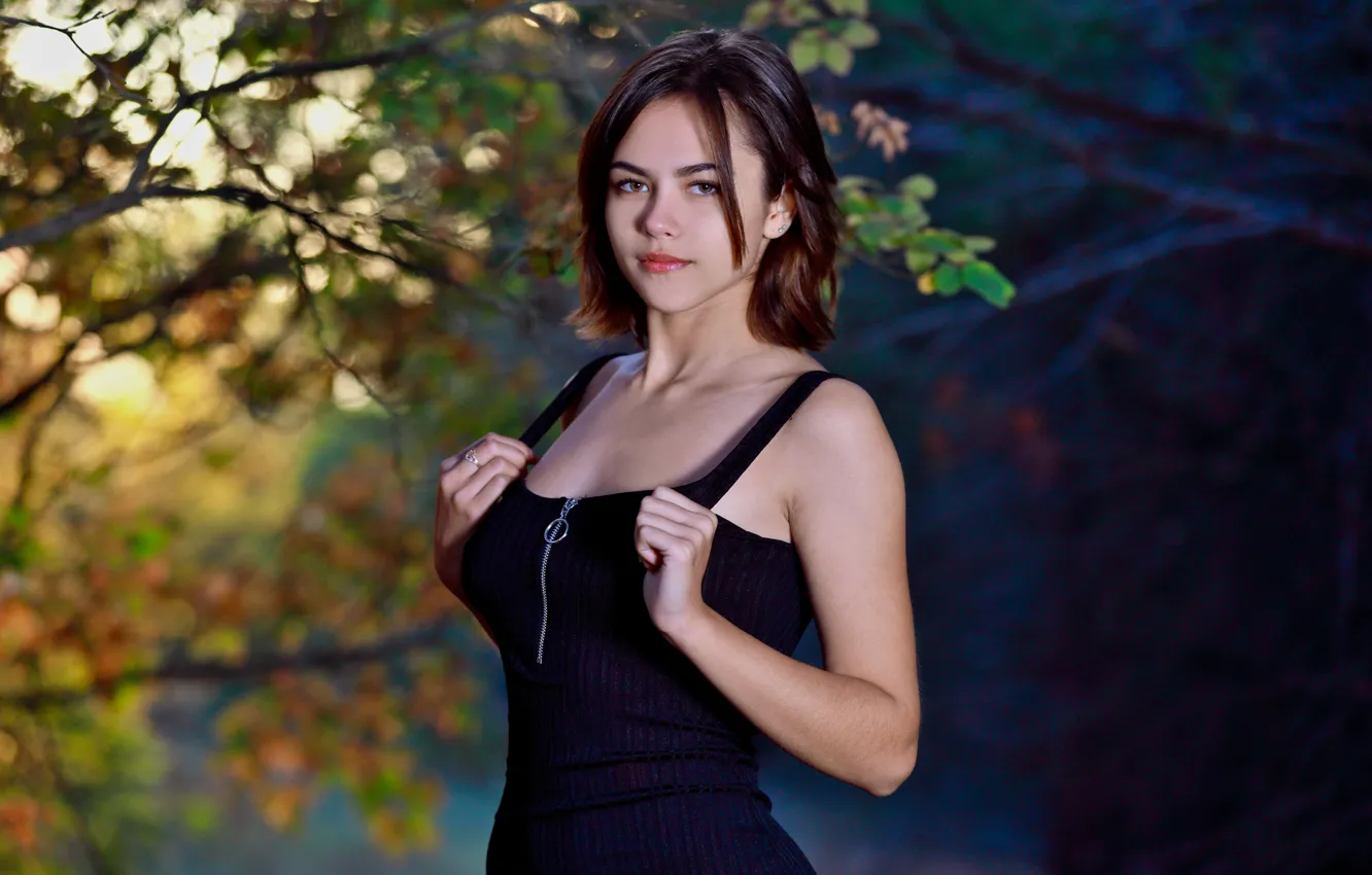 Photo wallpaper forest, cleavage, dress, woman, young, short hair, tree, model