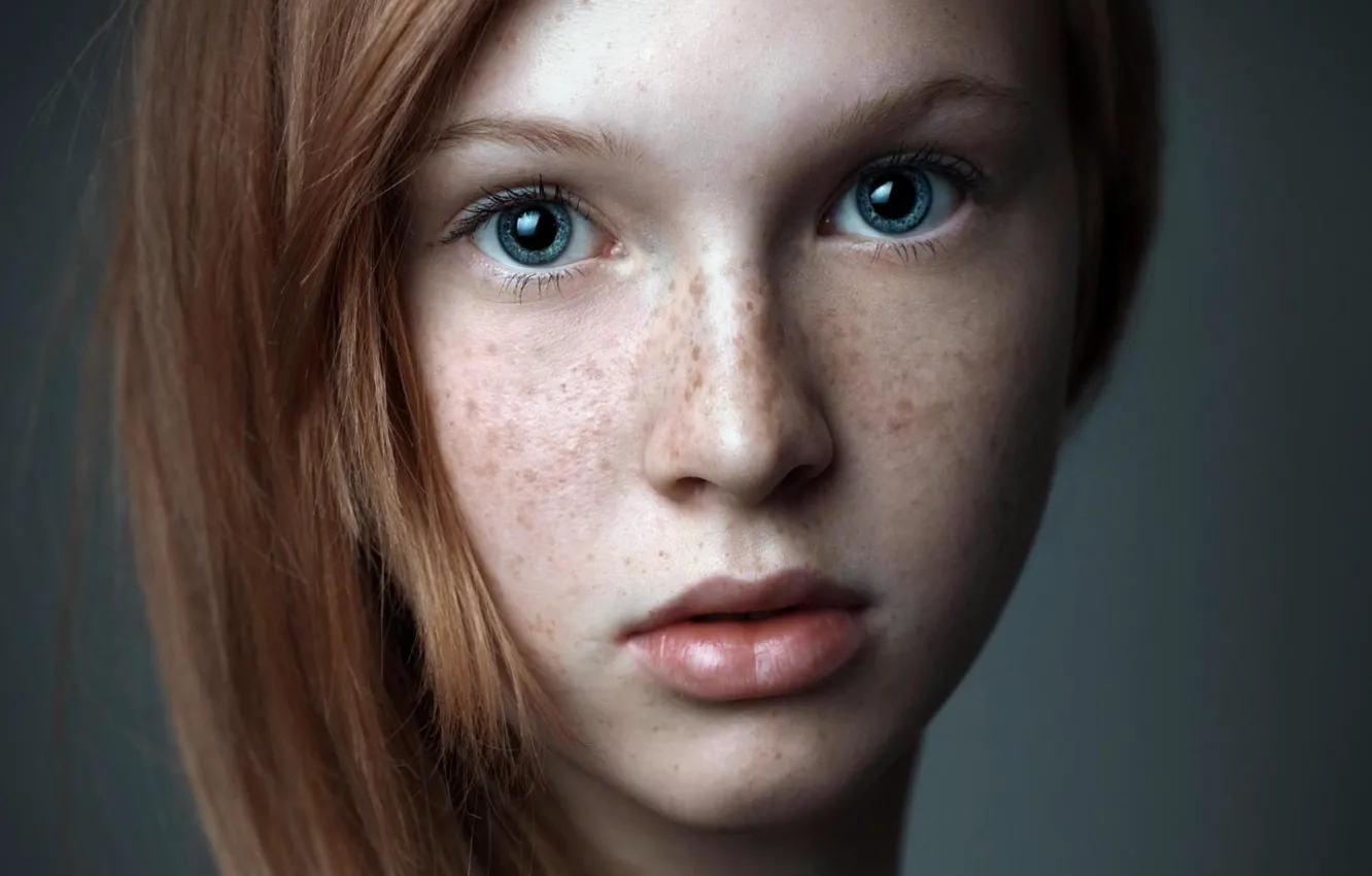 Photo wallpaper girl, sweetheart, surprise, freckles, red, girl, beautiful, blue eyes