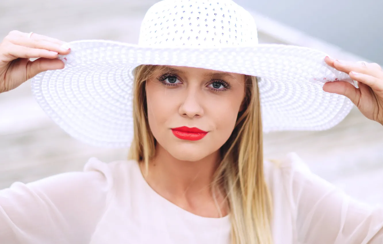 Photo wallpaper white, look, girl, face, pose, portrait, hat, hands