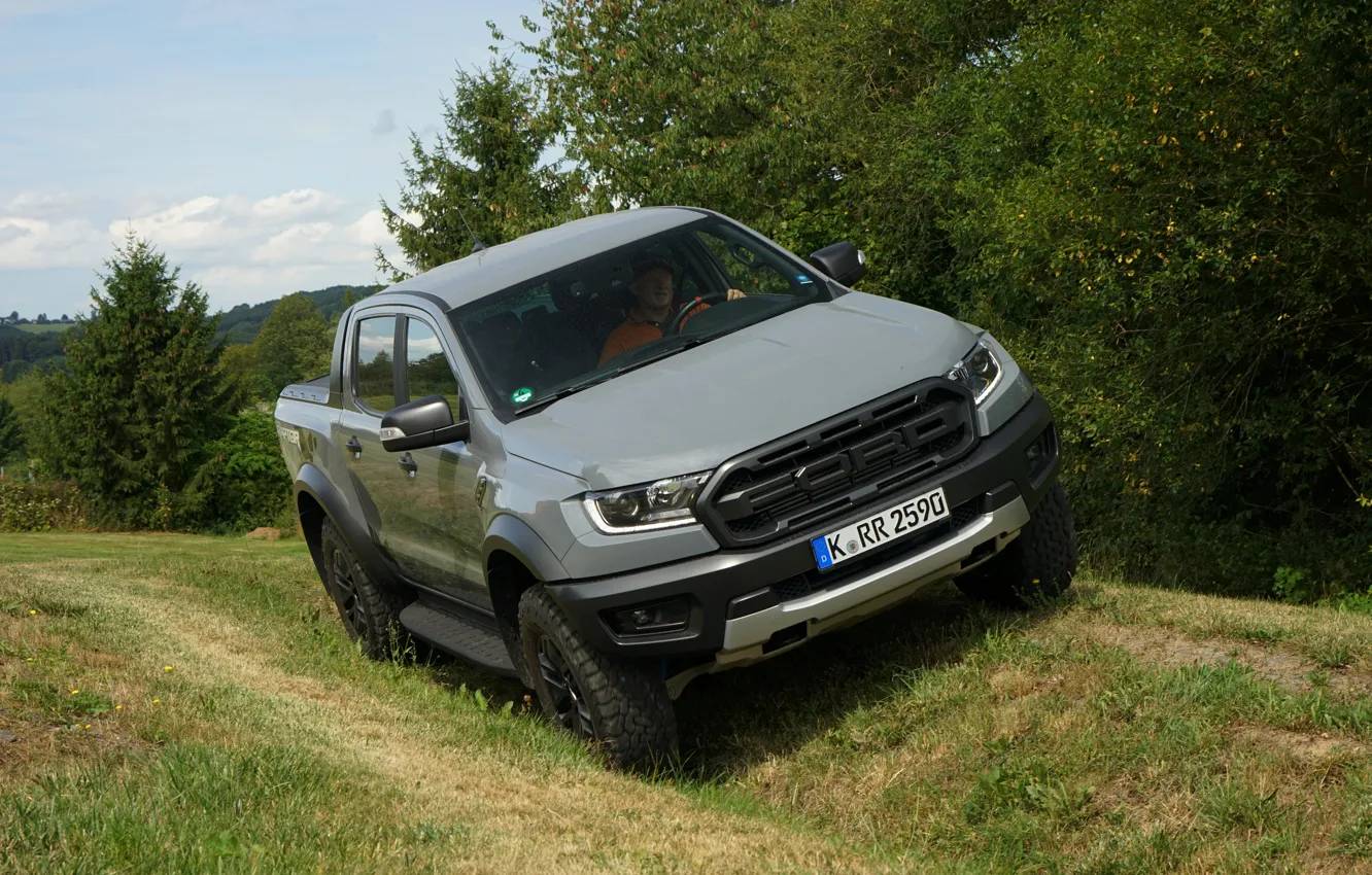 Photo wallpaper grass, trees, grey, Ford, Raptor, pickup, Ranger, 2019