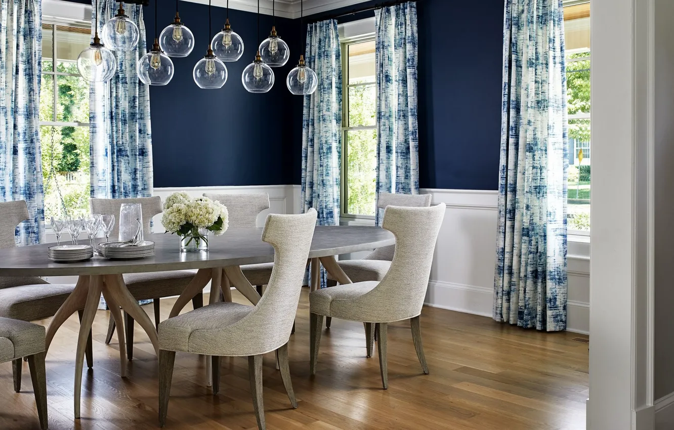 Photo wallpaper design, style, room, interior, dining room, blue color in the interior