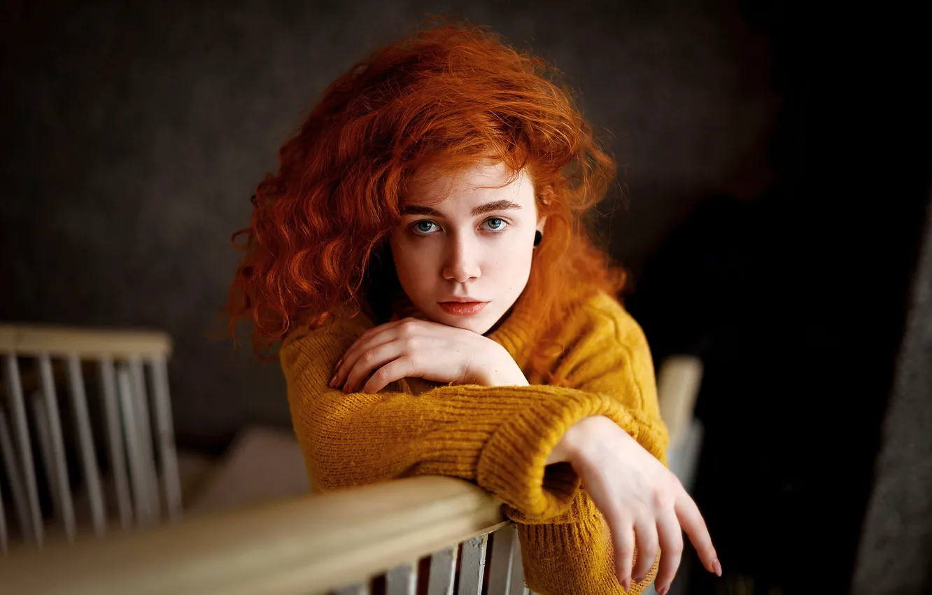 Photo wallpaper look, model, portrait, makeup, hairstyle, ladder, railings, redhead