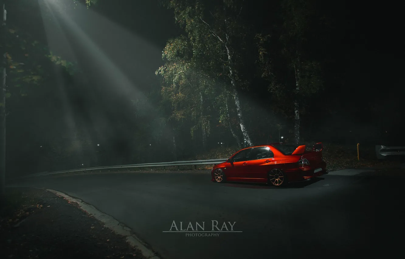 Photo wallpaper light, turbo, red, forest, mitsubishi, japan, jdm, tuning