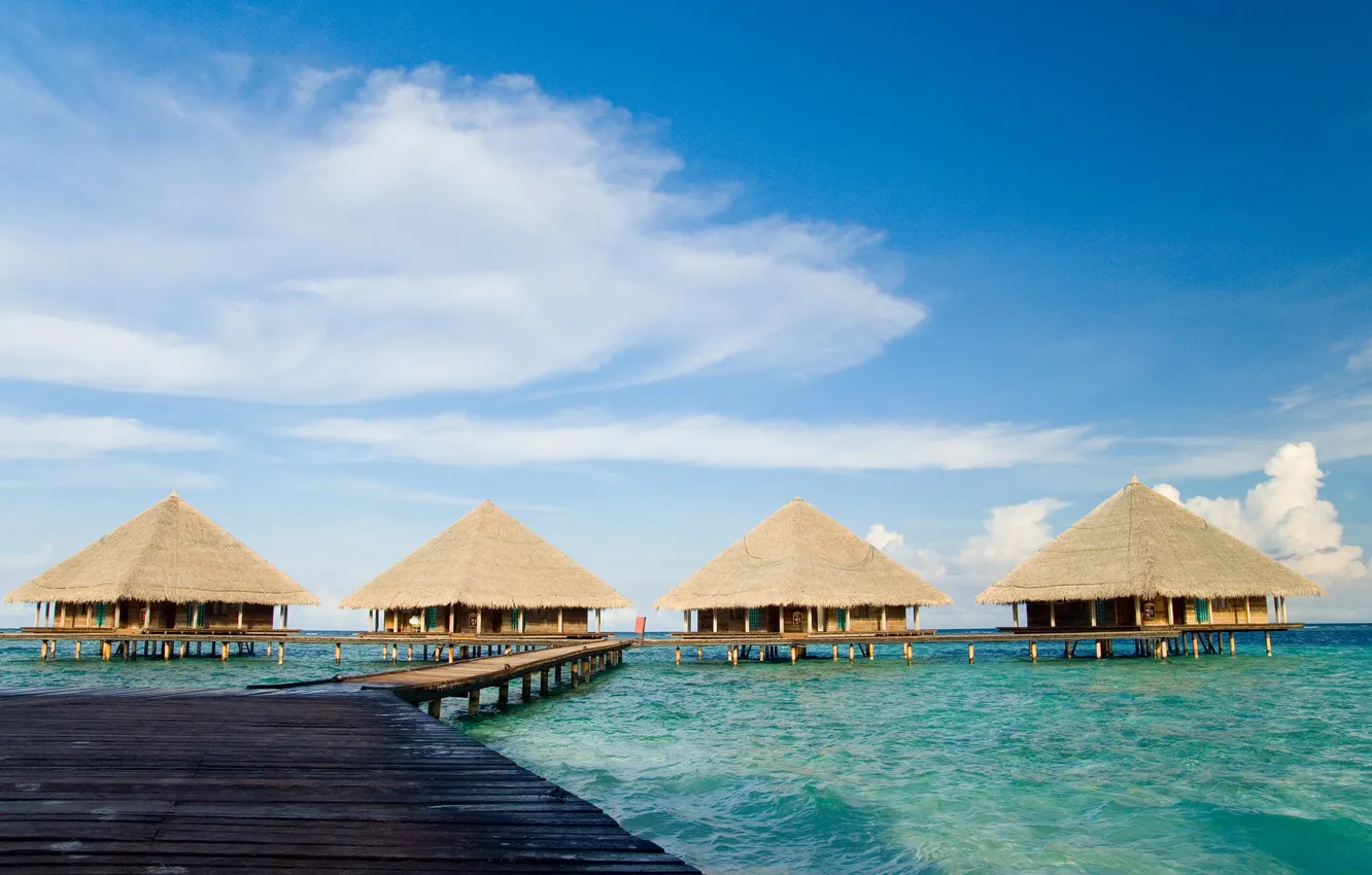 Photo wallpaper sea, beach, summer, the sky, palm trees, vacation, summer, hut