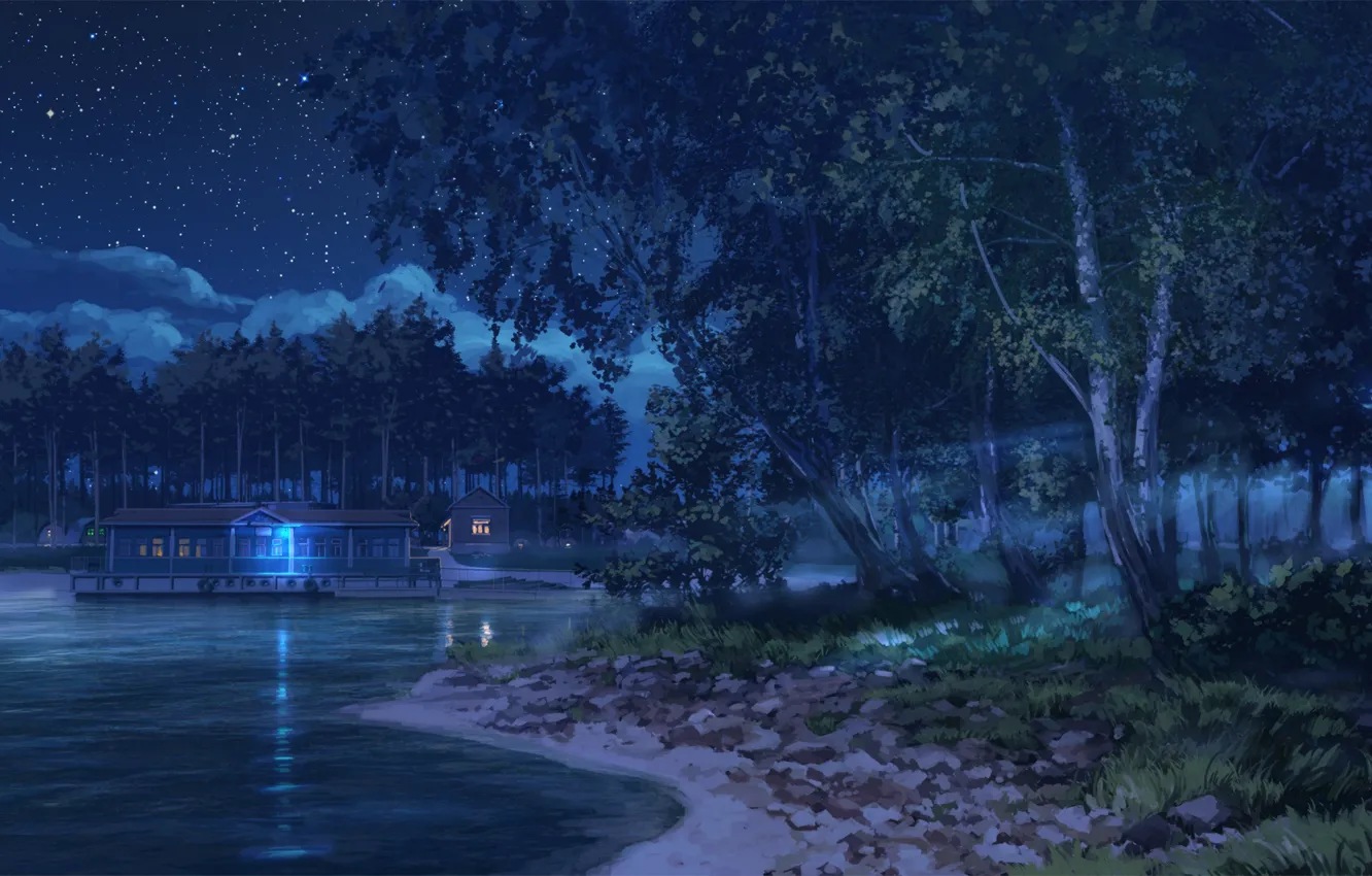 Photo wallpaper forest, water, trees, night, house, river, art