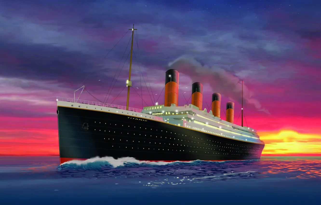 Photo wallpaper Sunset, The ocean, Figure, Titanic, The ship, Nose, Art, Painting