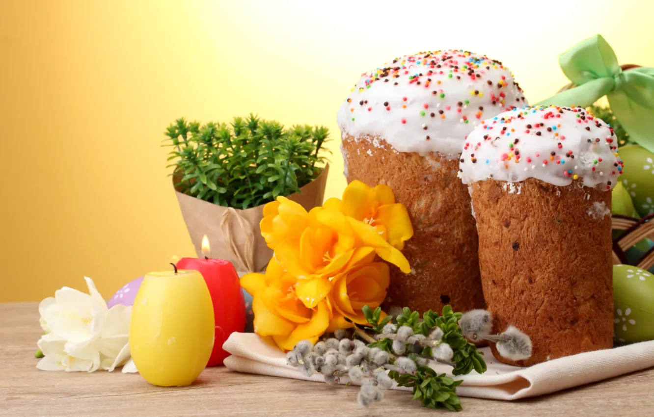 Photo wallpaper candles, Easter, cake, Verba, freesia