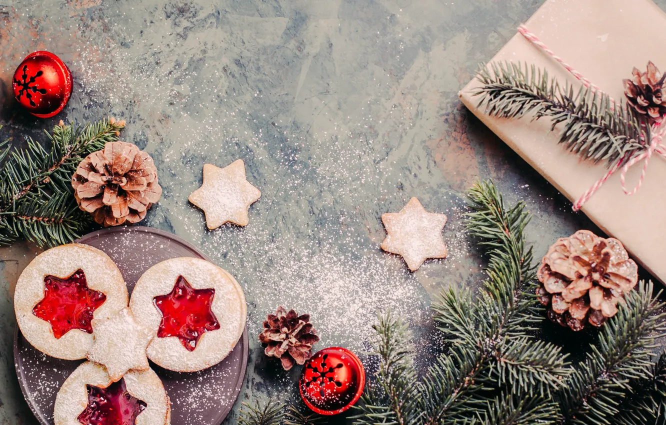 Photo wallpaper branches, new year, cookies, Christmas, needles, bumps, the envelope