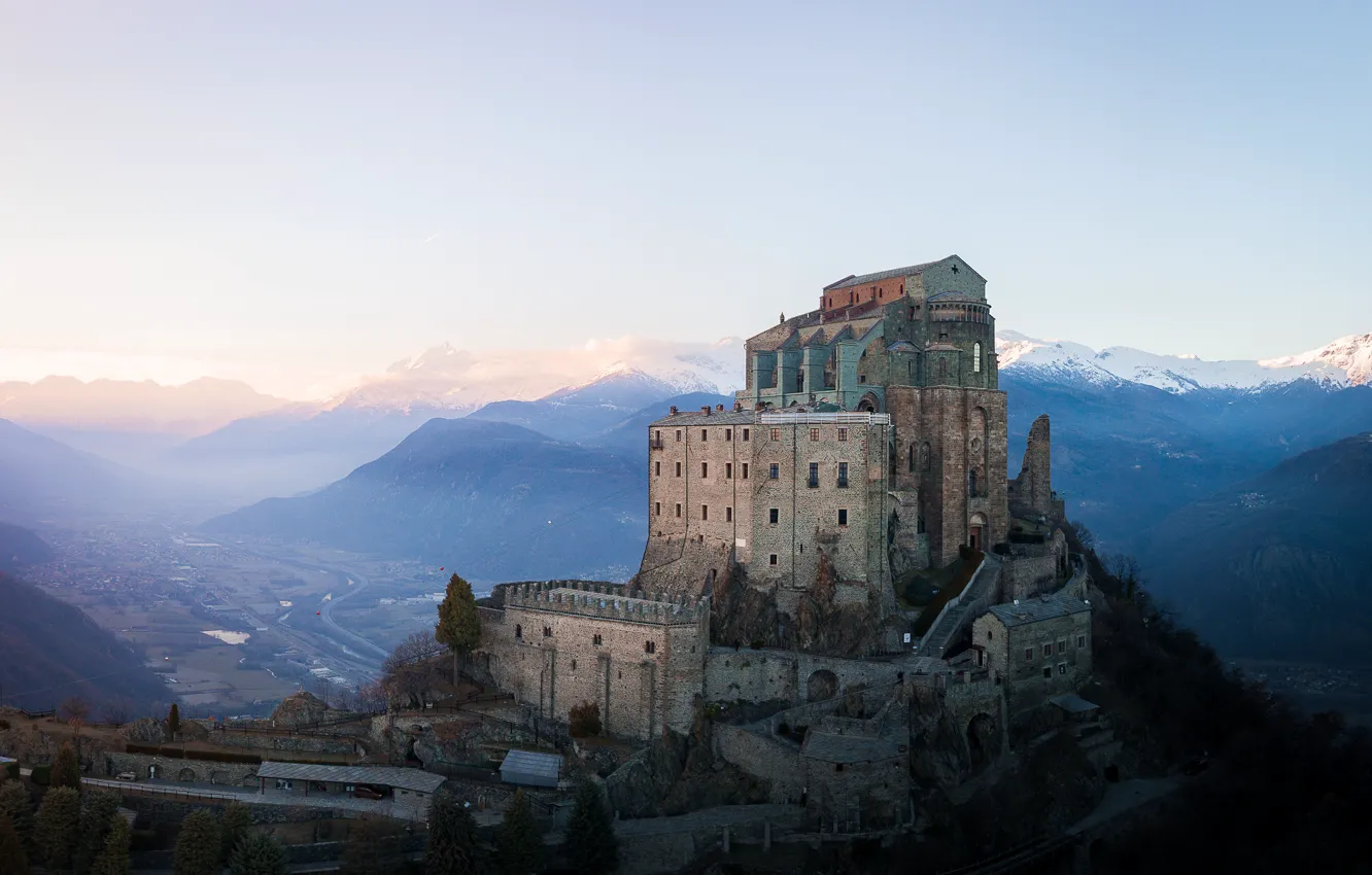 Photo wallpaper landscape, mountains, castle, valley, Italy, the monastery, Piedmont, Abbey of St. Michael
