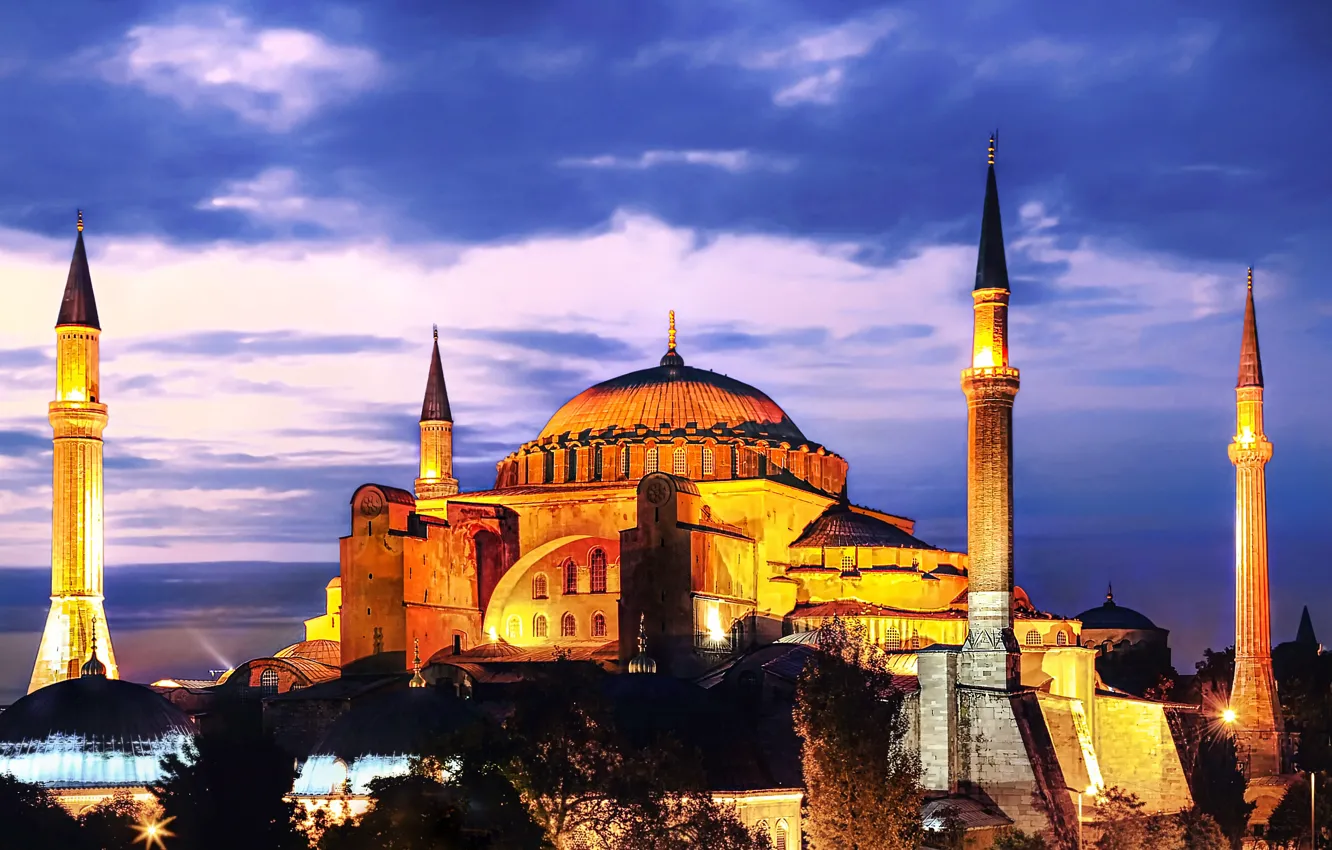 Photo wallpaper night, the city, tower, backlight, Cathedral, the dome, Istanbul, Turkey