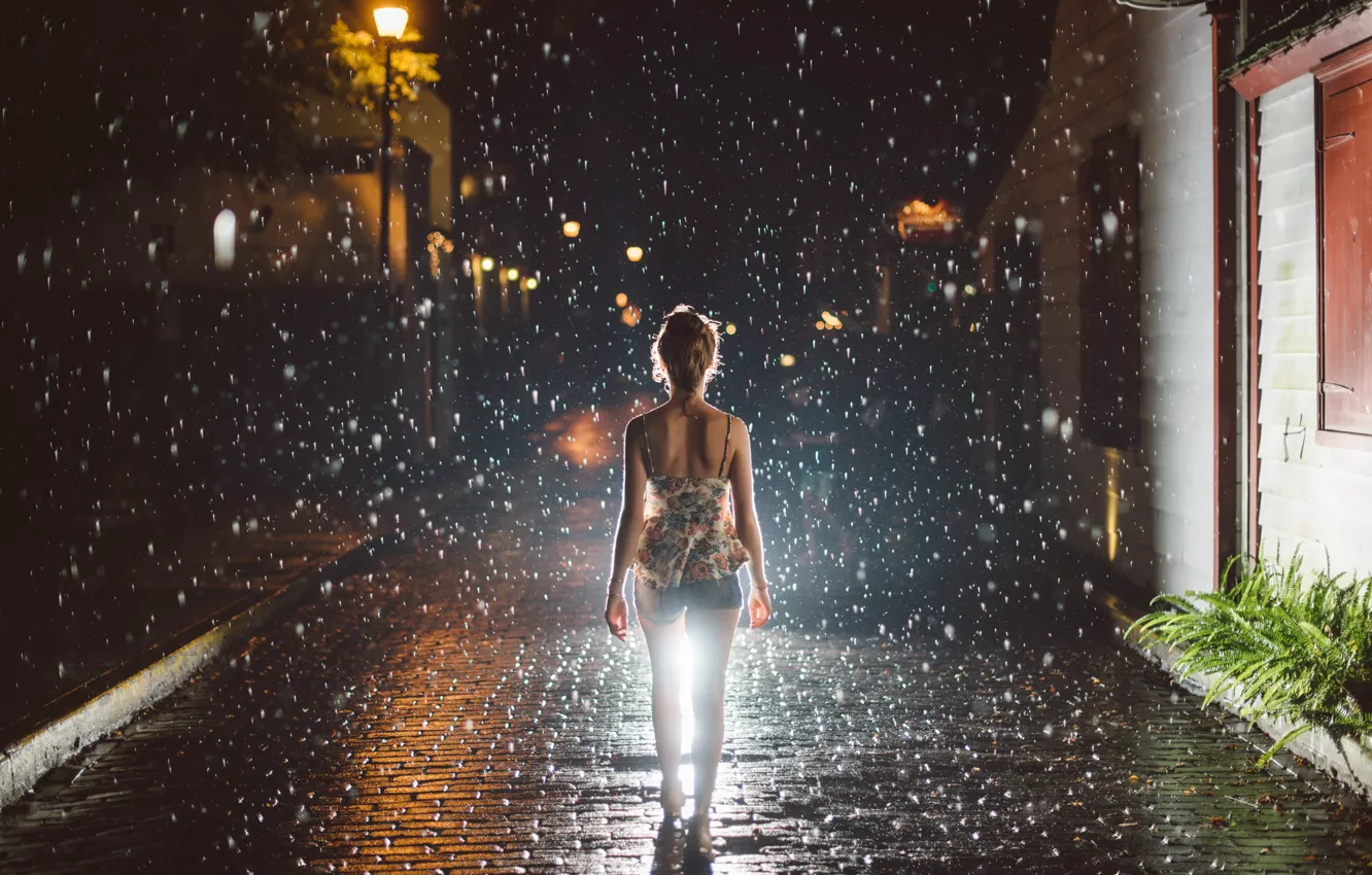 Photo wallpaper girl, night, the city, rain.gait, Walking in the Rain