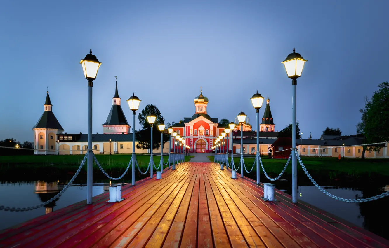 Photo wallpaper landscape, lake, the evening, pier, lighting, lights, Valdai, Iversky Monastery