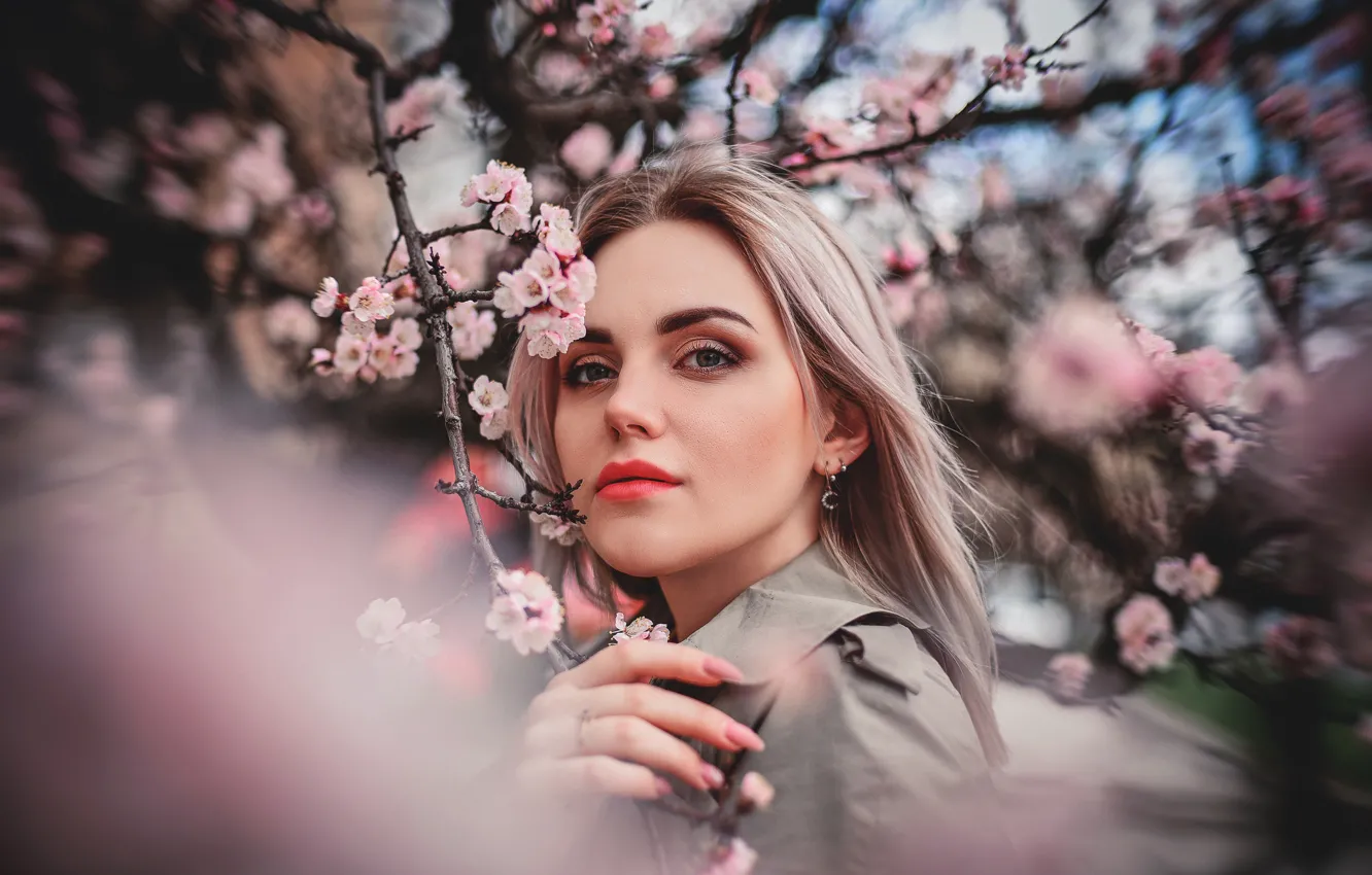 Photo wallpaper look, girl, branches, nature, spring, blonde, flowering, Anastasia Donskaya