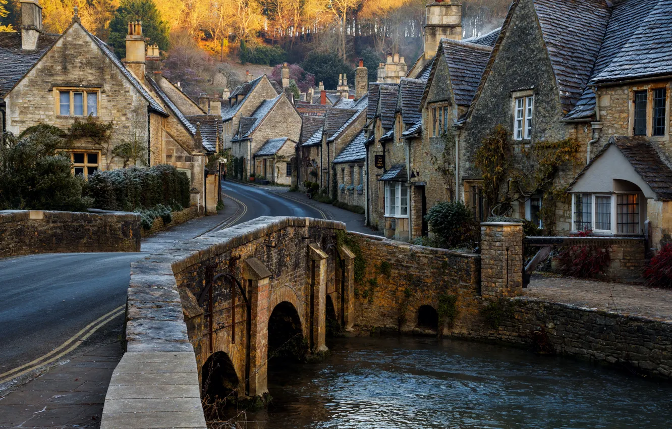 Photo wallpaper bridge, river, England, houses