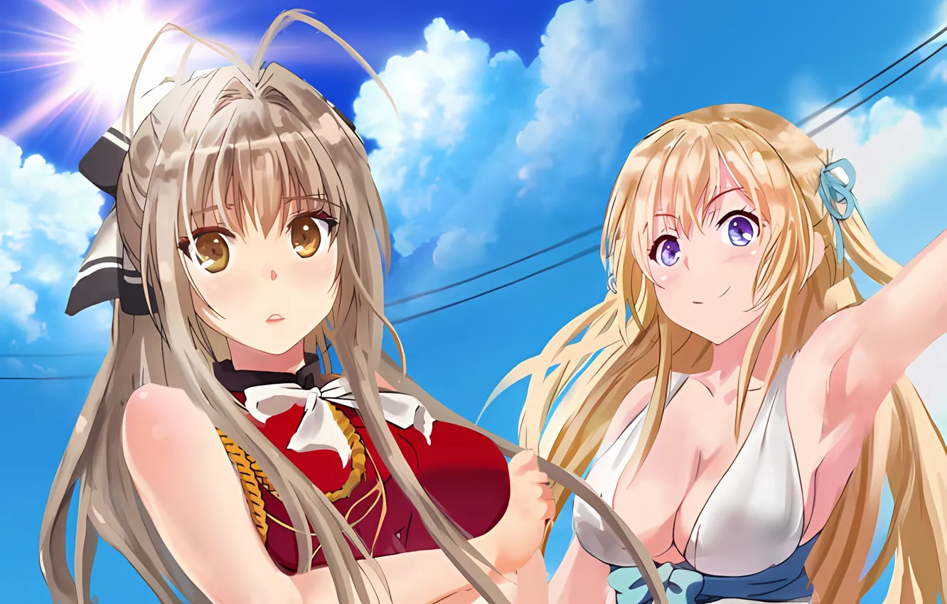 Photo wallpaper sexy, cleavage, blouse, long hair, girls, brown hair, brown eyes, boobs