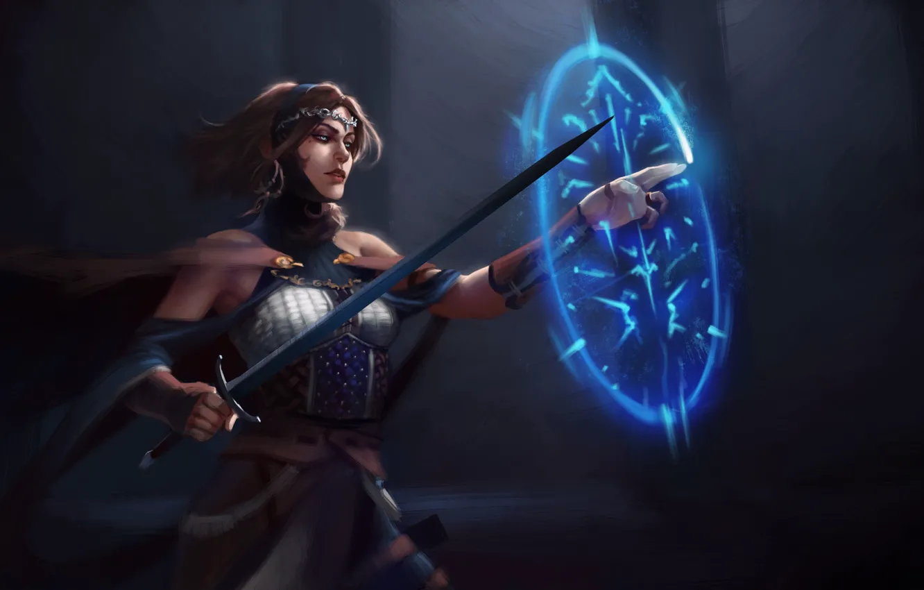 Photo wallpaper look, girl, weapons, magic, sword, art