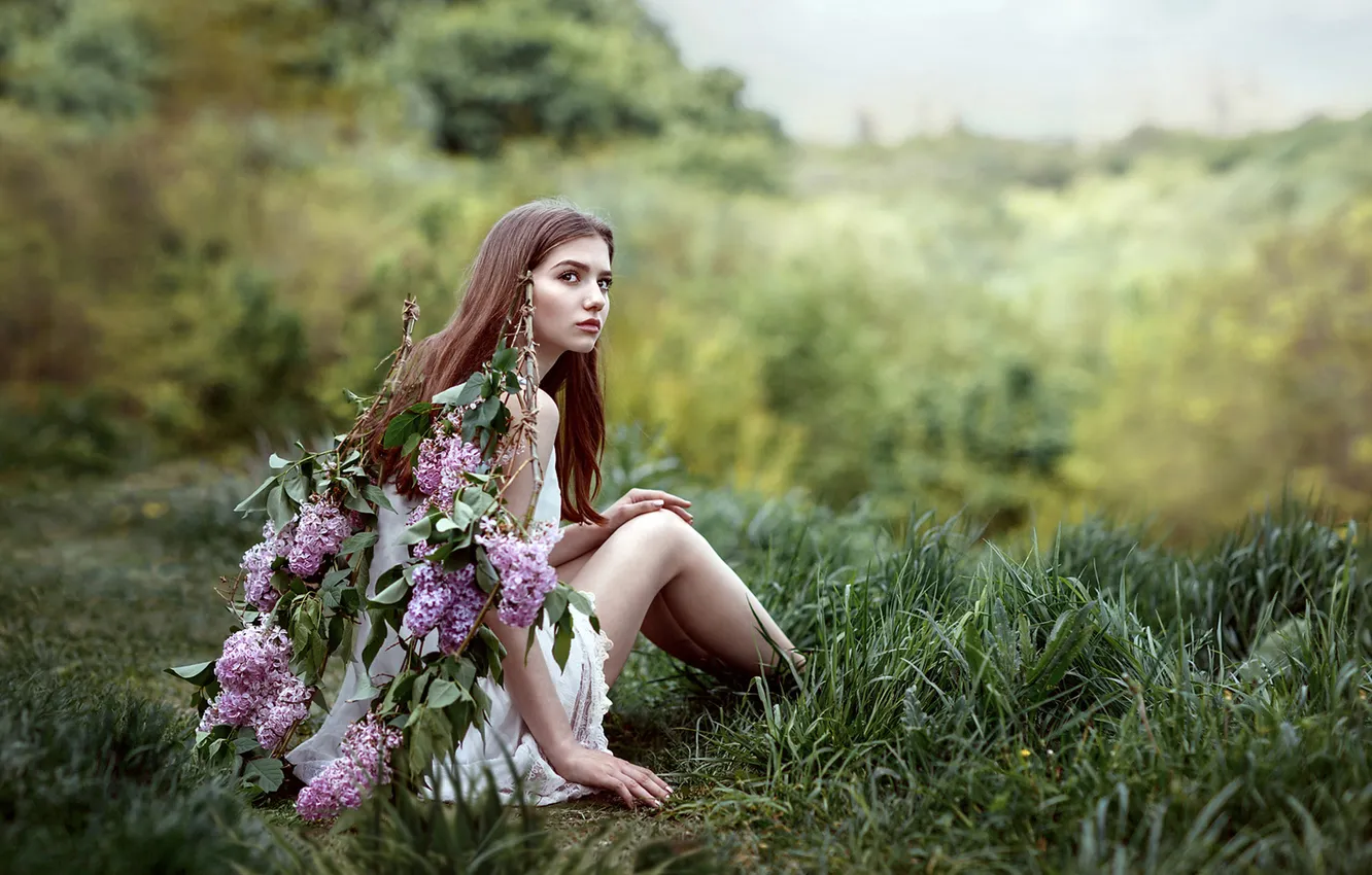 Photo wallpaper girl, branches, wings, lilac
