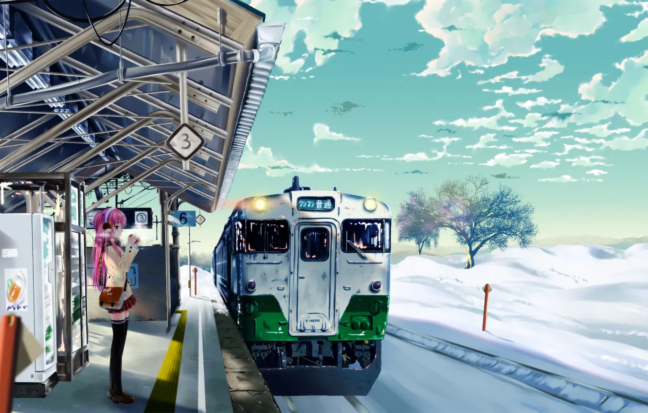 Photo wallpaper girl, train, headphones, schoolgirl